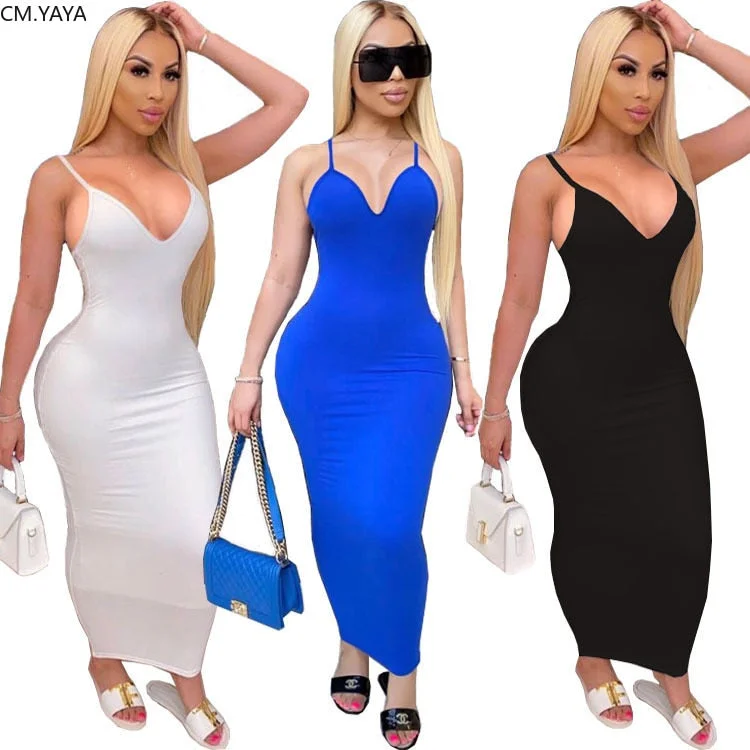 CM.YAYA Women Summer Spaghetti Strap V-neck Sleeveless Bodycon Midi Pencil Maxi Dress Sexy Party Club Long Dresses Fashionable Faux Wrap Maxi Dress CM.YAYA Women Summer Spaghetti Strap V-neck Sleeveless Bodycon Midi Pencil Maxi Dress Sexy Party Club Long Dresses Fashionable Faux Wrap Maxi Dress