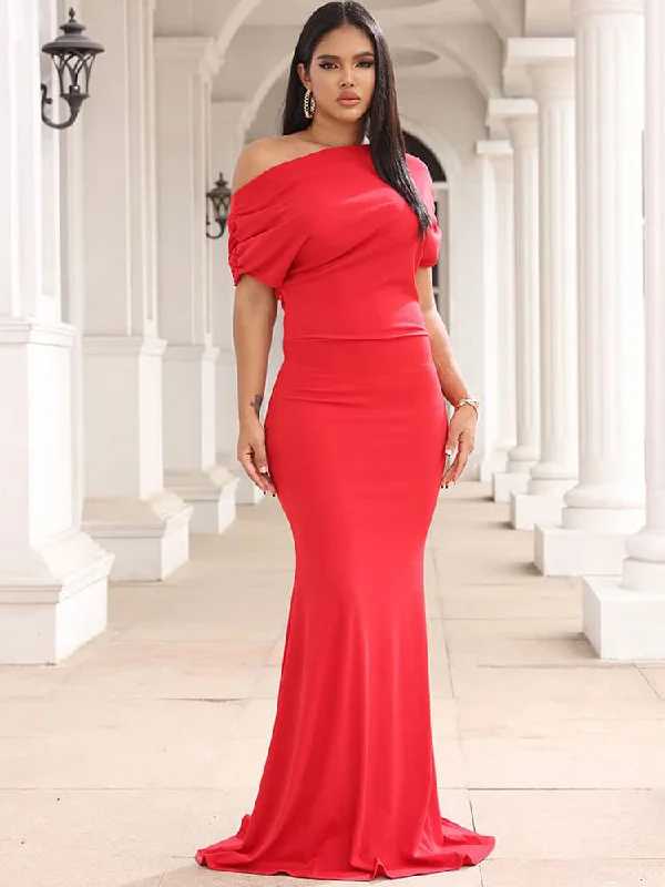 Drop Shoulder Ruched High Waist Maxi Dresses Fashionable Halter Neck Maxi Dress
