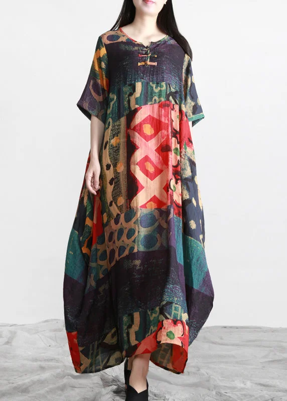 Plus Size O-Neck Print Button Maxi Dress Summer Stylish V-Neck Maxi Dress