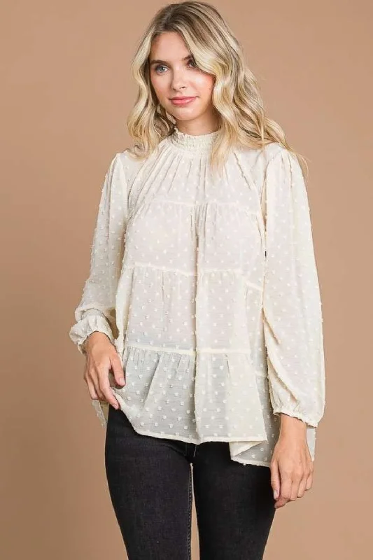 Swiss Dot Smocked Mock Neck Blouse Peter Pan Blouse