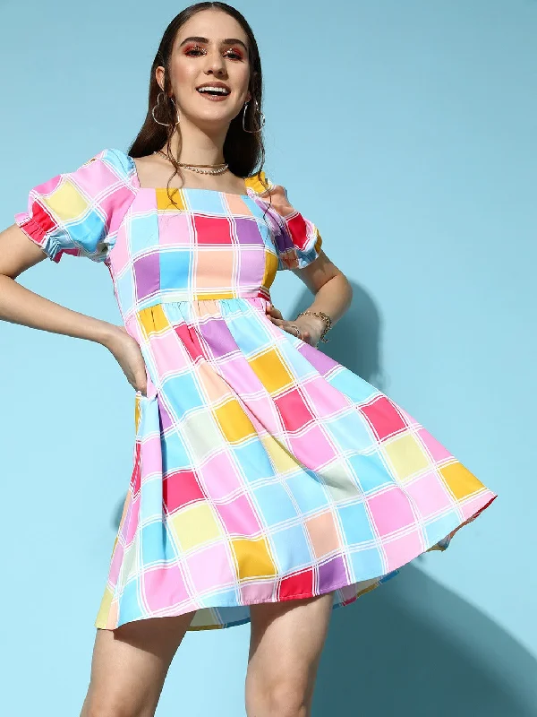 Berrylush Women Pink & Blue Check Printed Square Neck Puff Sleeve Pleated Fit & Flare Mini Dress Elegant Satin Mini Dress Berrylush Women Pink & Blue Check Printed Square Neck Puff Sleeve Pleated Fit & Flare Mini Dress Elegant Satin Mini Dress