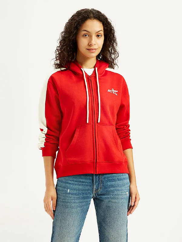 Women's Colorblock Red Hooded Sweatshirt Hoodie with Hem Raw Edge Edgy Unfinished