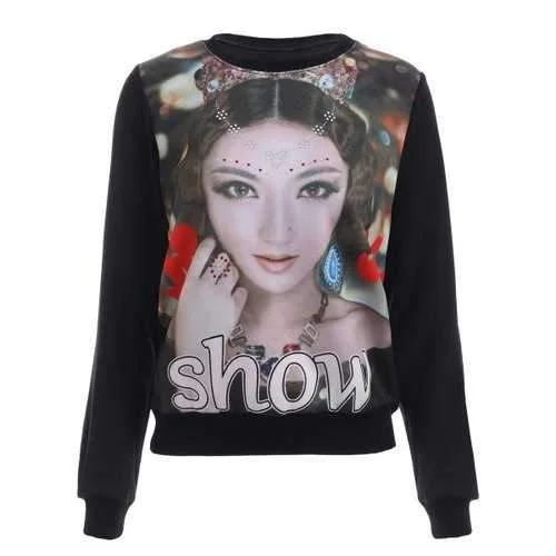 Chic Rhinestone Embellished Figure Print Women's Sweatshirt - Black Xl Hoodie with Distressed Vintage Worn Chic Rhinestone Embellished Figure Print Women's Sweatshirt - Black Xl Hoodie with Distressed Vintage Worn